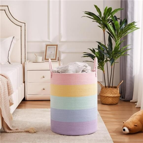 Pink Cotton Rope Laundry Hamper Large Woven Storage Basket for Toys Clothes Blan - Picture 5 of 8